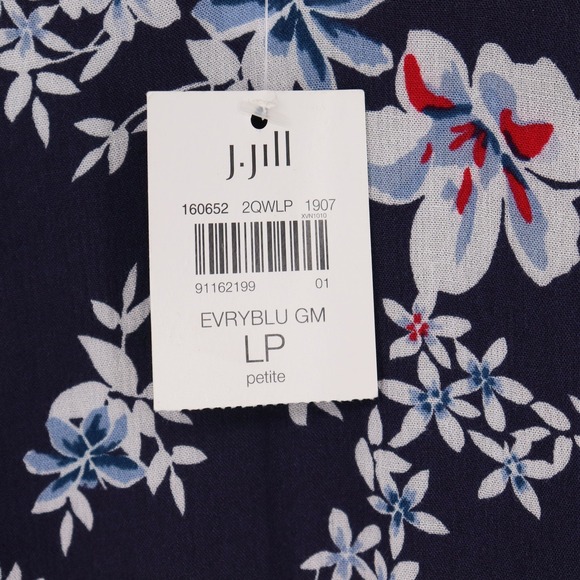 J.Jill Floral Maxi Dress Petite Size LP Blue Crepe Short Sleeve Belt Tie Waist - Picture 5 of 8